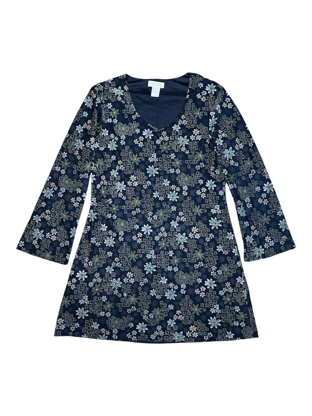 Vintage 90s Express Whimsical Black and Green Floral Long Sleeve Mini Dress